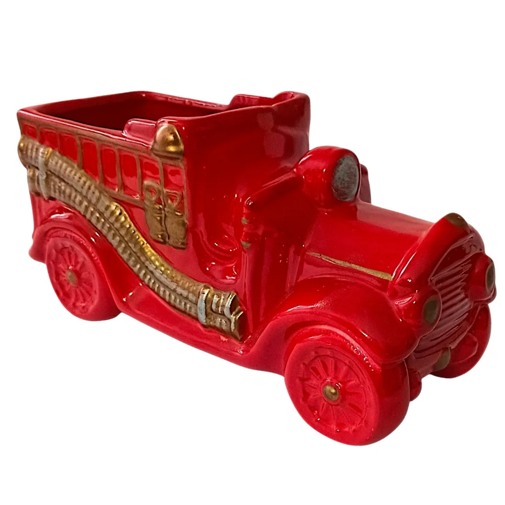 Vintage Fire Truck Planter Ceramic Red Kids Room Firetruck Nursery Decor Storage